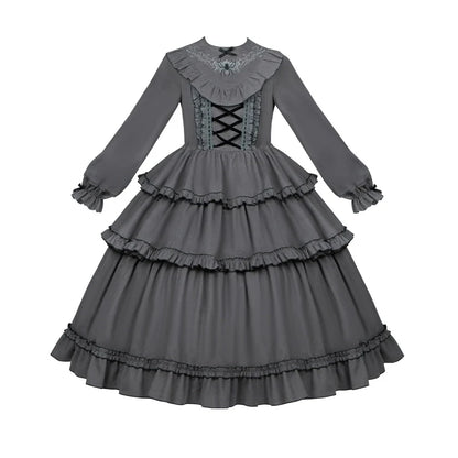 With PUJI - Castle Night - Gothic Twins Lolita OP Three-tiered Embroidery Dress