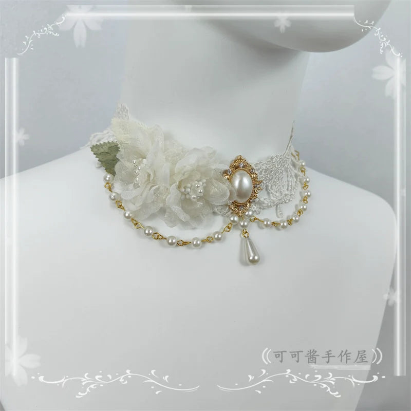 Cocoa Jam - Elegant Lolita Necklace Rose Gemstones and Pearl Necklace