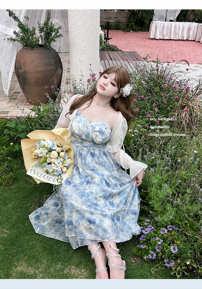 Yingtang - Plus Size Blue Lolita JSK Dress Cardigan Set New Arrival