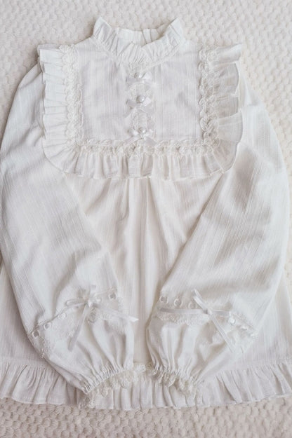 Yilia - Cotton Lolita Lace Long Sleeve White Blouse