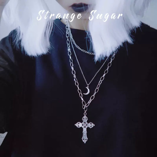 Strange Sugar - Gothic Lolita Necklace Triple Layer Metal Cross Sweater Chain