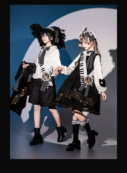 Forest Fluorescent Carps - Black and White Sonata - Ouji Lolita Vest Suit and Vintage Lolita OP Dress