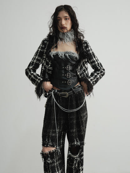 Punk Heavy Sense Raw Edge Gradient Wide Leg Plaid Trousers