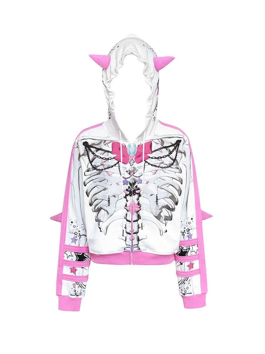 Bow Skull Print Pointed ZIP-Up Parka【s0000004229】