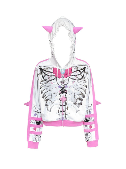 Bow Skull Print Pointed ZIP-Up Parka【s0000004229】