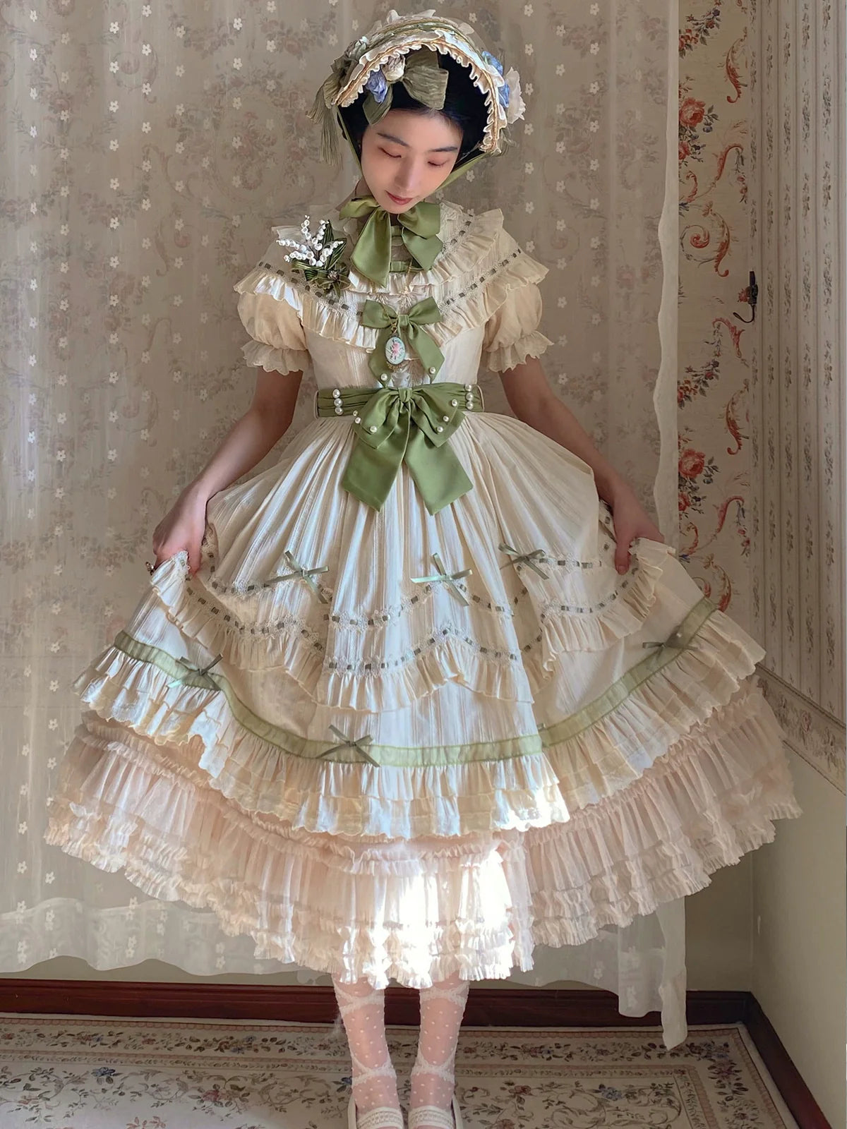 Lemon Cantata - Lily of the Valley - Country Lolita OP Dress, Tiered Ruffles