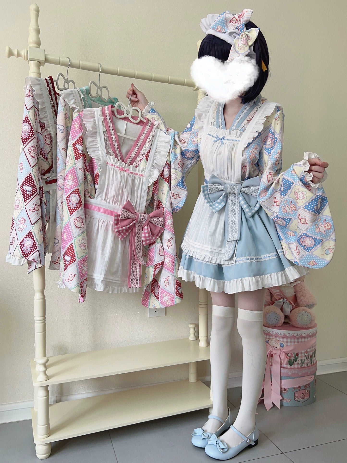 Sugar Girl - Showa Sweetness - Maid Wa Lolita Skirt Set Cute Summer Lolita Bow Apron