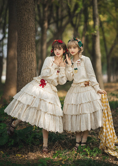 Miss Point - Chubby Fox in the Forest - Customized Lolita Skirt Embroidery Lace Cotton Lolita Skirt