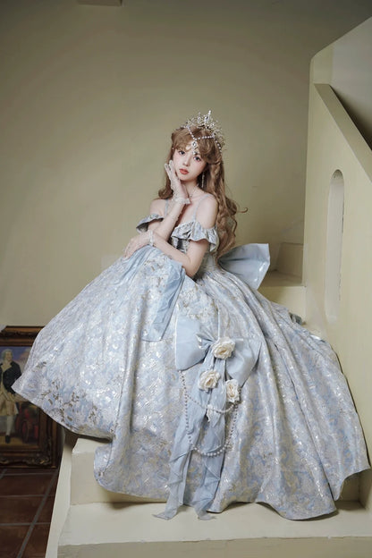 Nectarine White Tea - Rossia Salutes - Embossed Jacquard, Rose Accent, Bridal Wedding Lolita JSK Dress