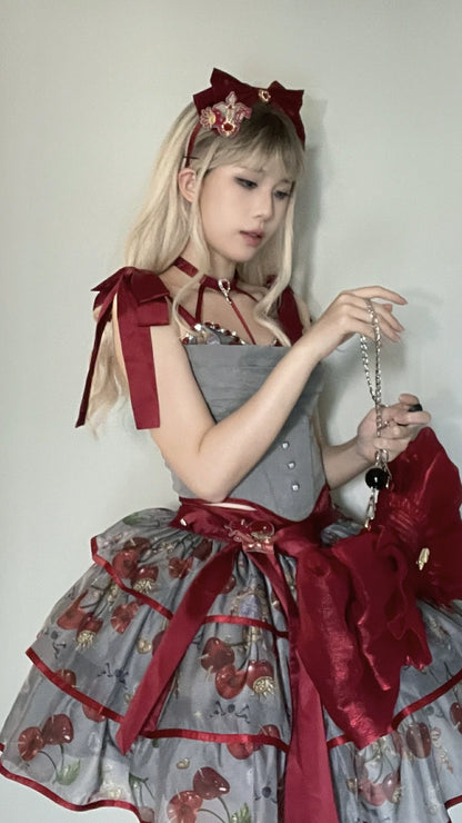 Gloaming - Sweet Lolita Cherry print Short Sleeve OP and SK Set