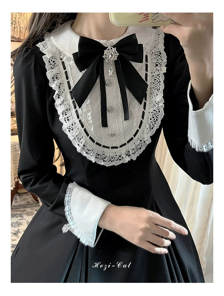 Hezi's Cat Haven - Black Cat Butler - Maid Lolita OP Dress Elegant Black and White Dress