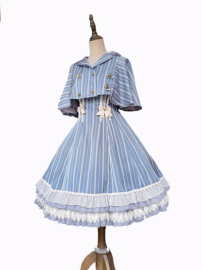 Infanta - Elegant Lolita Stripe High-waist Jumper Dress Set and Cape