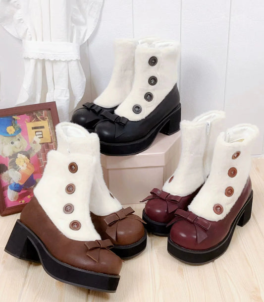 Dolly Doll - Winter Lolita Boots Fur Mary Jane Lolita Low Heel Shoes