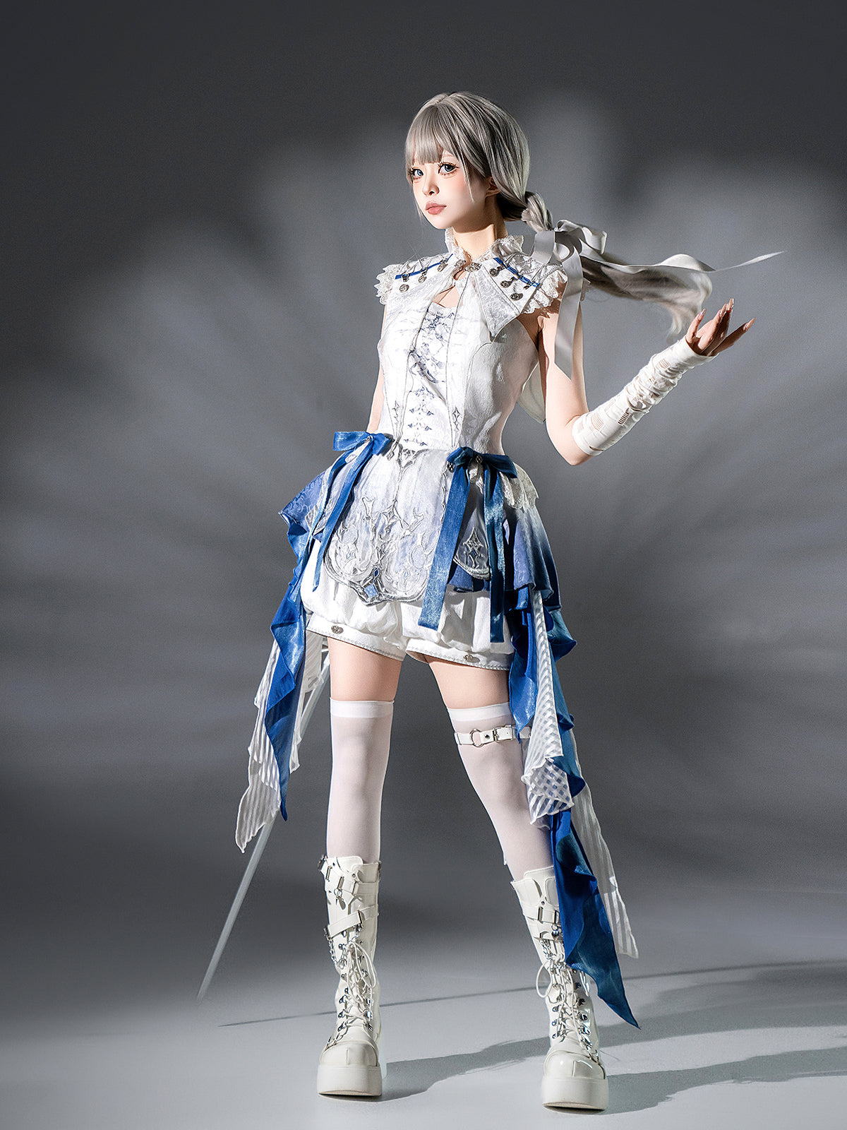 Designer's Gift - Blue Dragon Bone - Ouji Lolita Shorts Suit with Embroidery and Trailing