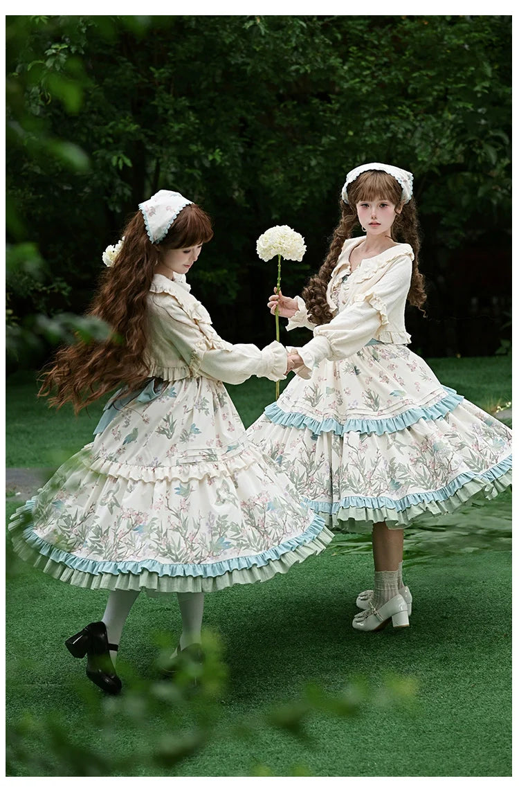 With PUJI - Oriole Time - Country Lolita JSK and OP Dress, Floral and Bird Print