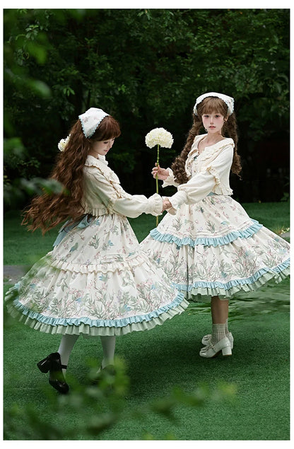 With PUJI - Oriole Time - Country Lolita JSK and OP Dress, Floral and Bird Print