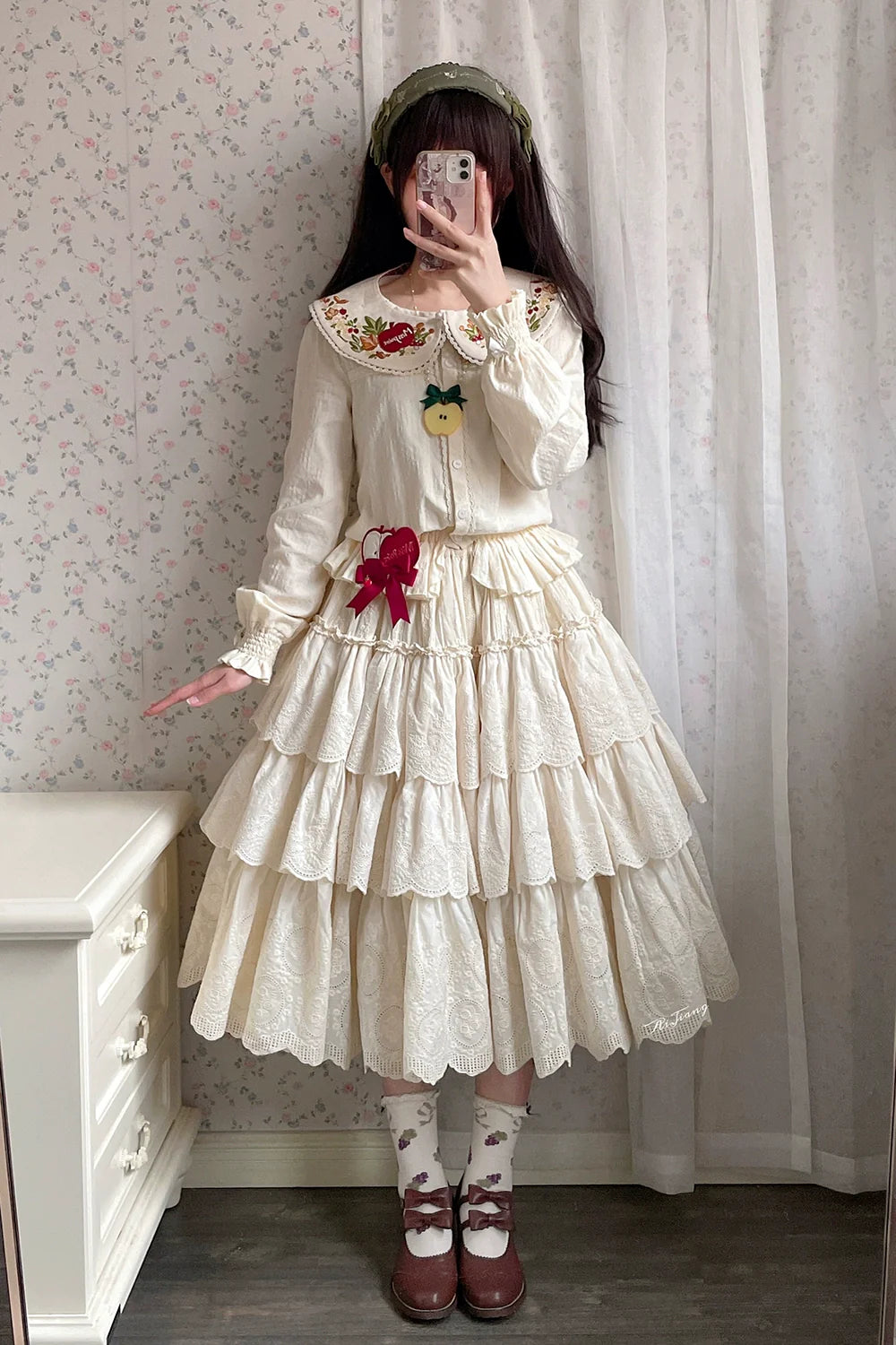 Miss Point - Chubby Fox in the Forest - Customized Lolita Skirt Embroidery Lace Cotton Lolita Skirt