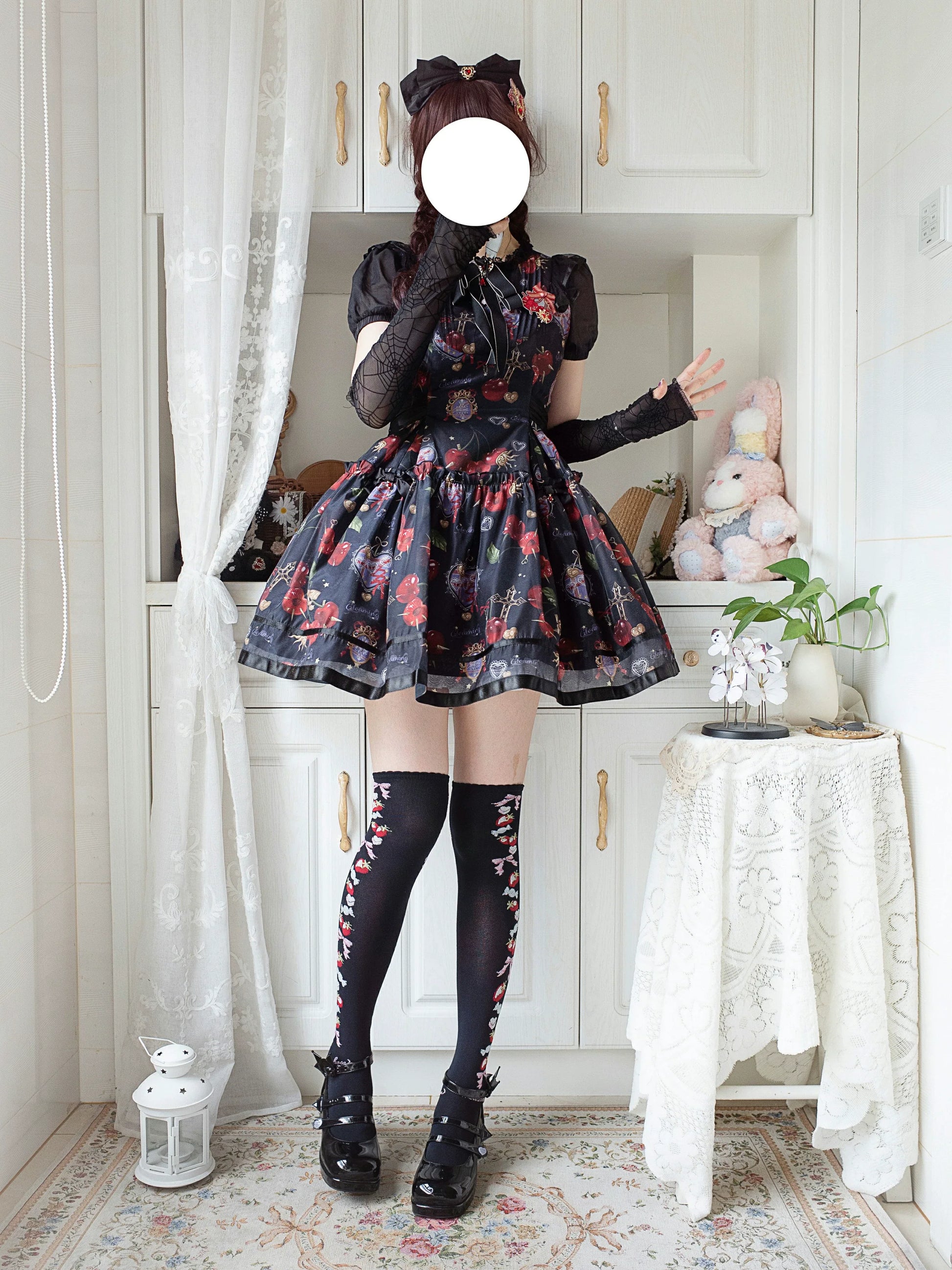 Gloaming - Sweet Lolita Cherry print Short Sleeve OP and SK Set