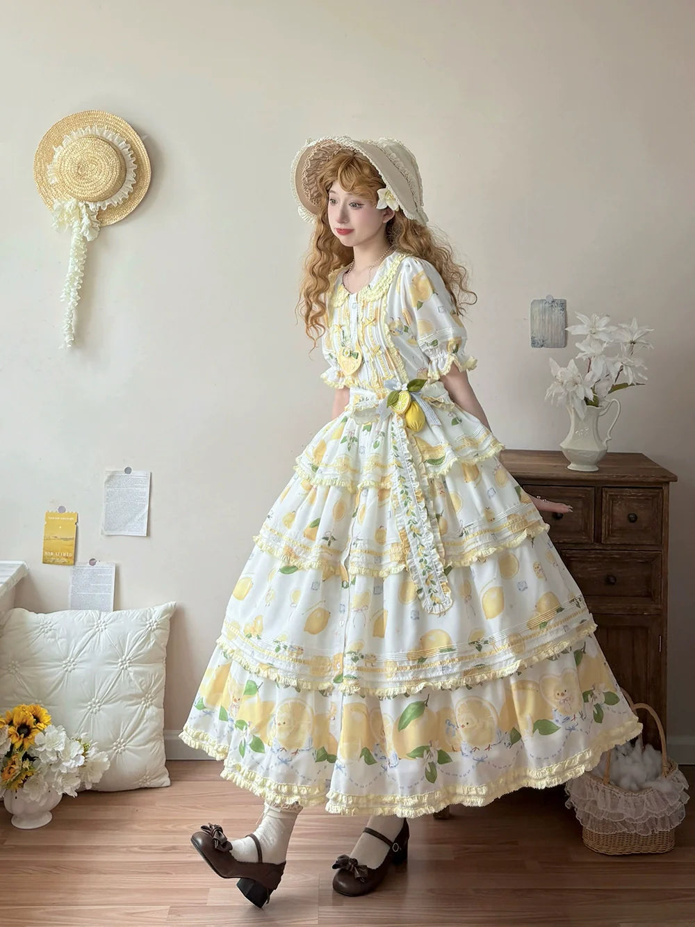 Miss Point - Lemon Chick - Country Lolita Printed OP With Button Front