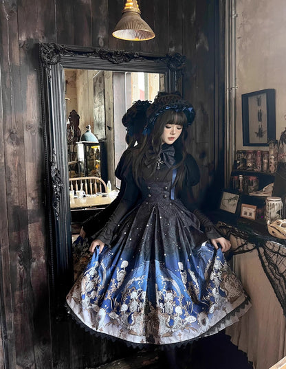 Nn Star - Dragonbone Lily - Dragon Skeleton Print Gothic Lolita Bust-supporting JSK and BNT