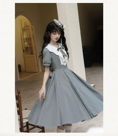 Forest Fluorescent Carps - The Rain of London - Elegant Lolita OP Dress, Bat Wing-Shaped Neckline