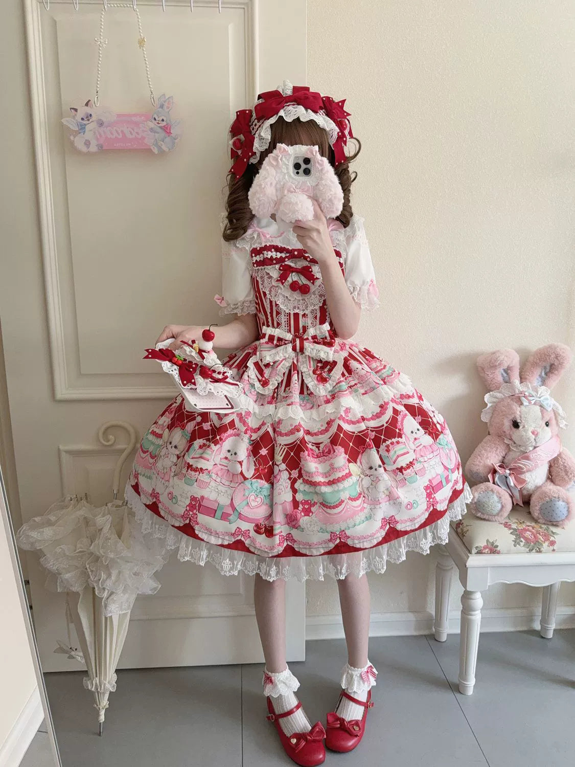 Hanguliang - Cherry Bake Song - Kawaii Lolita JSK Dress With Dessert Print & Cherry Bow
