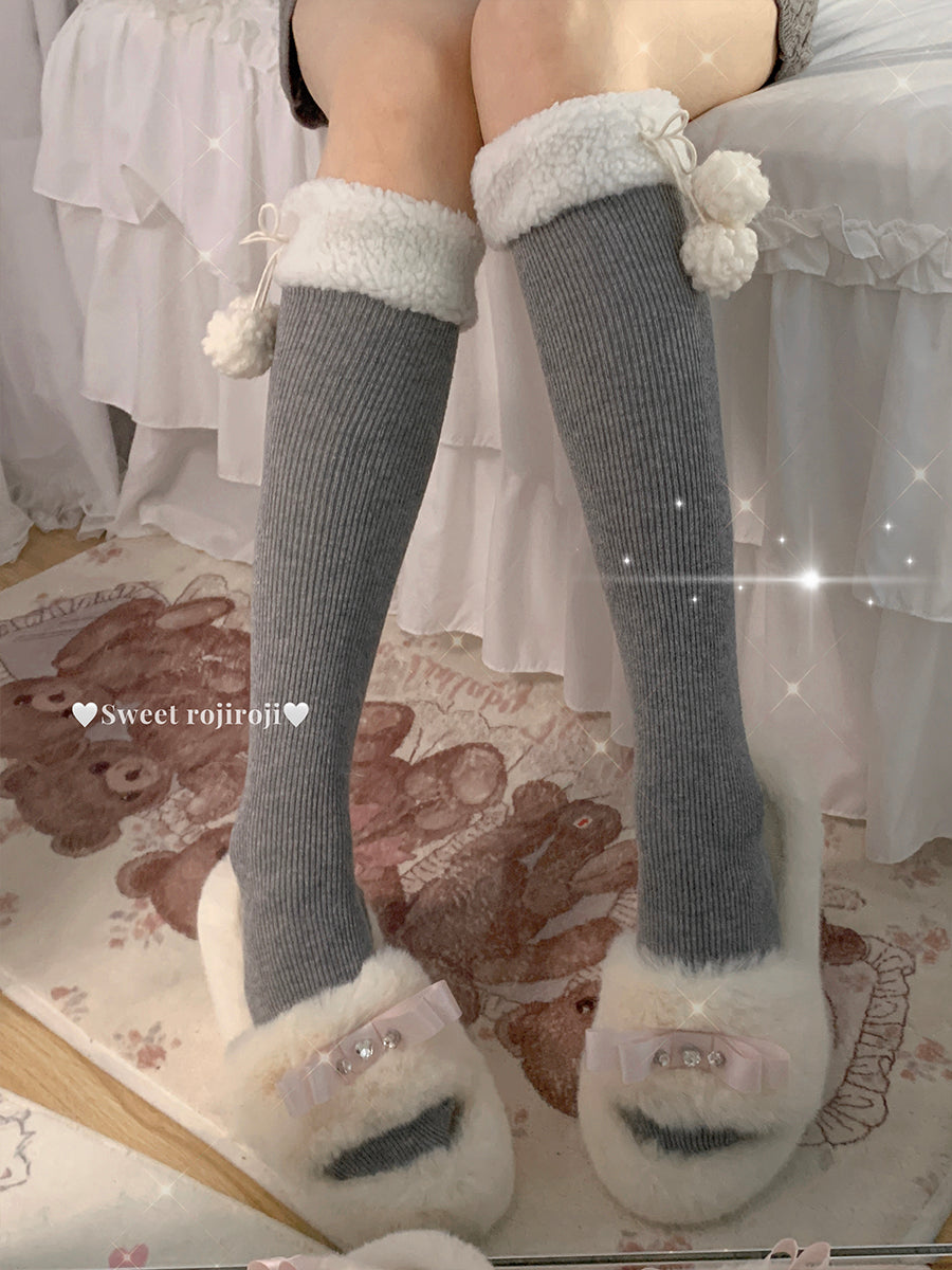 Roji Roji - Winter Fuzzy Ball Lolita Socks Over Knee Thick Socks
