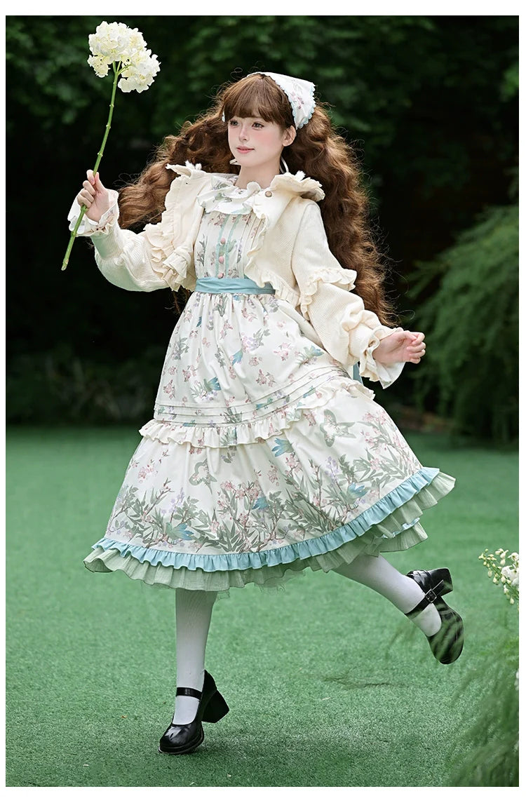 With PUJI - Oriole Time - Country Lolita JSK and OP Dress, Floral and Bird Print