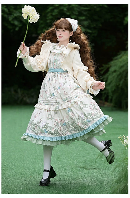 With PUJI - Oriole Time - Country Lolita JSK and OP Dress, Floral and Bird Print
