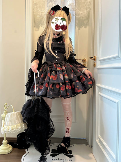 Gloaming - Sweet Lolita Cherry print Short Sleeve OP and SK Set