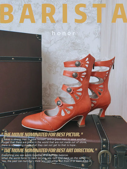 Sentaro - Floral Carved - Vintage Lolita Shoes Mary Jane Hollow-out Ankle Boots