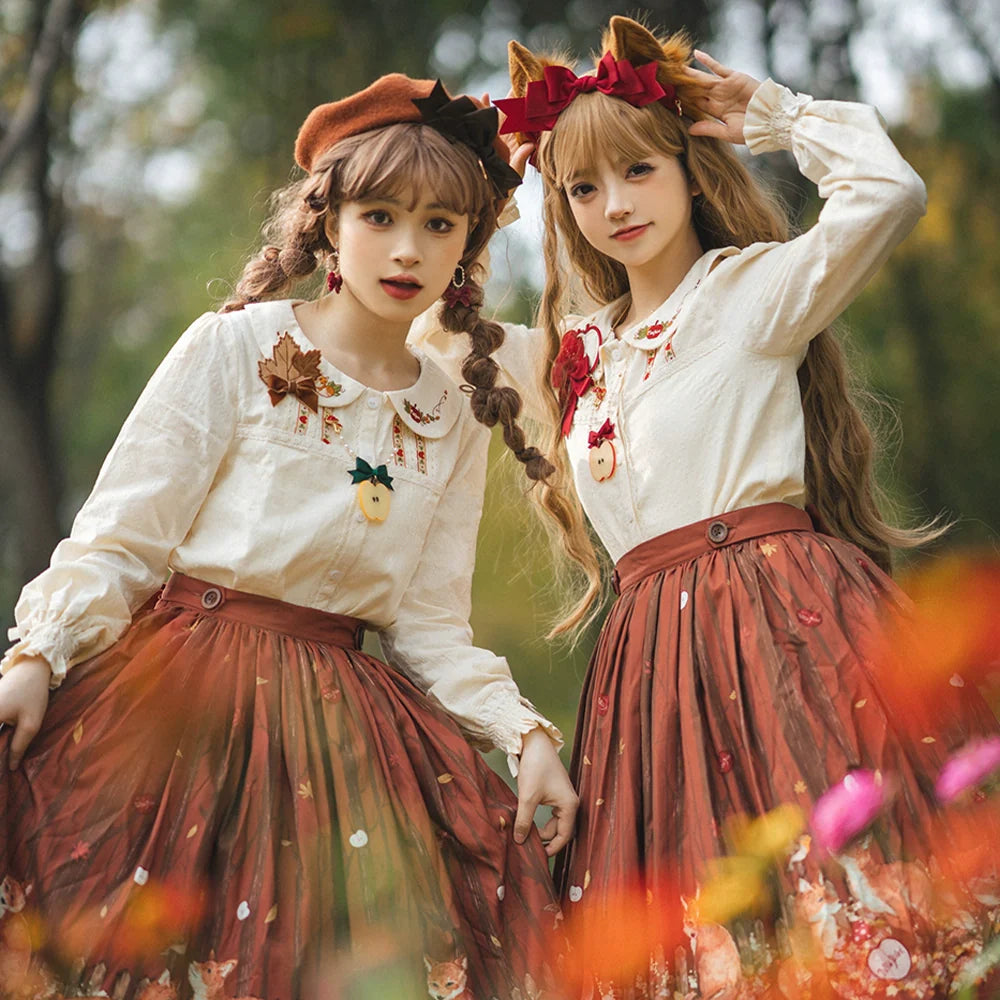 Miss Point - Chubby Fox in the Forest - Sweet Lolita Shirt Embroidered Collar Customized Blouse