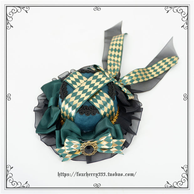 Fox Cherry - Green Lattice Rabbit Ear Bow Lolita Hat Headdress
