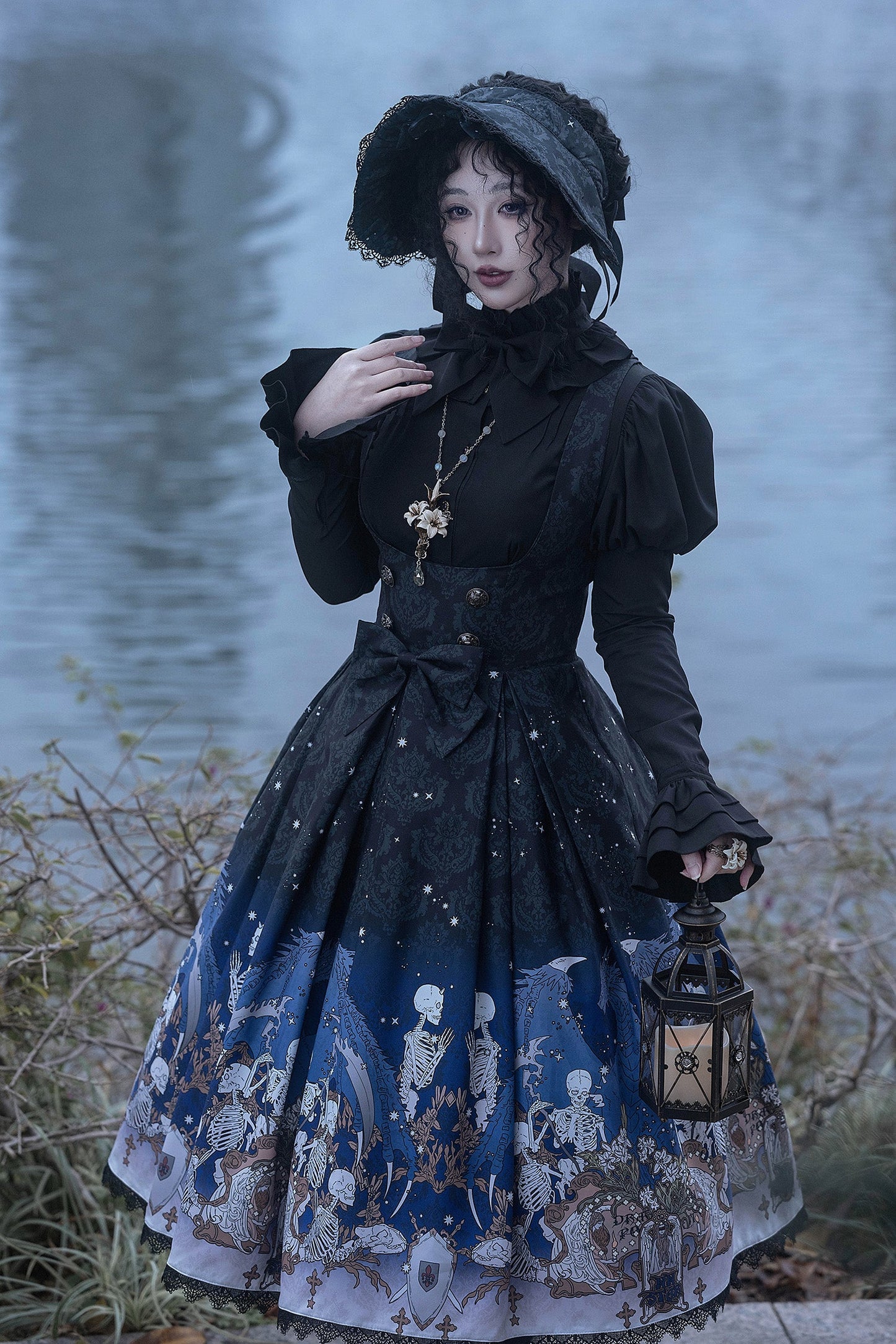 Nn Star - Dragonbone Lily - Dragon Skeleton Print Gothic Lolita Bust-supporting JSK and BNT