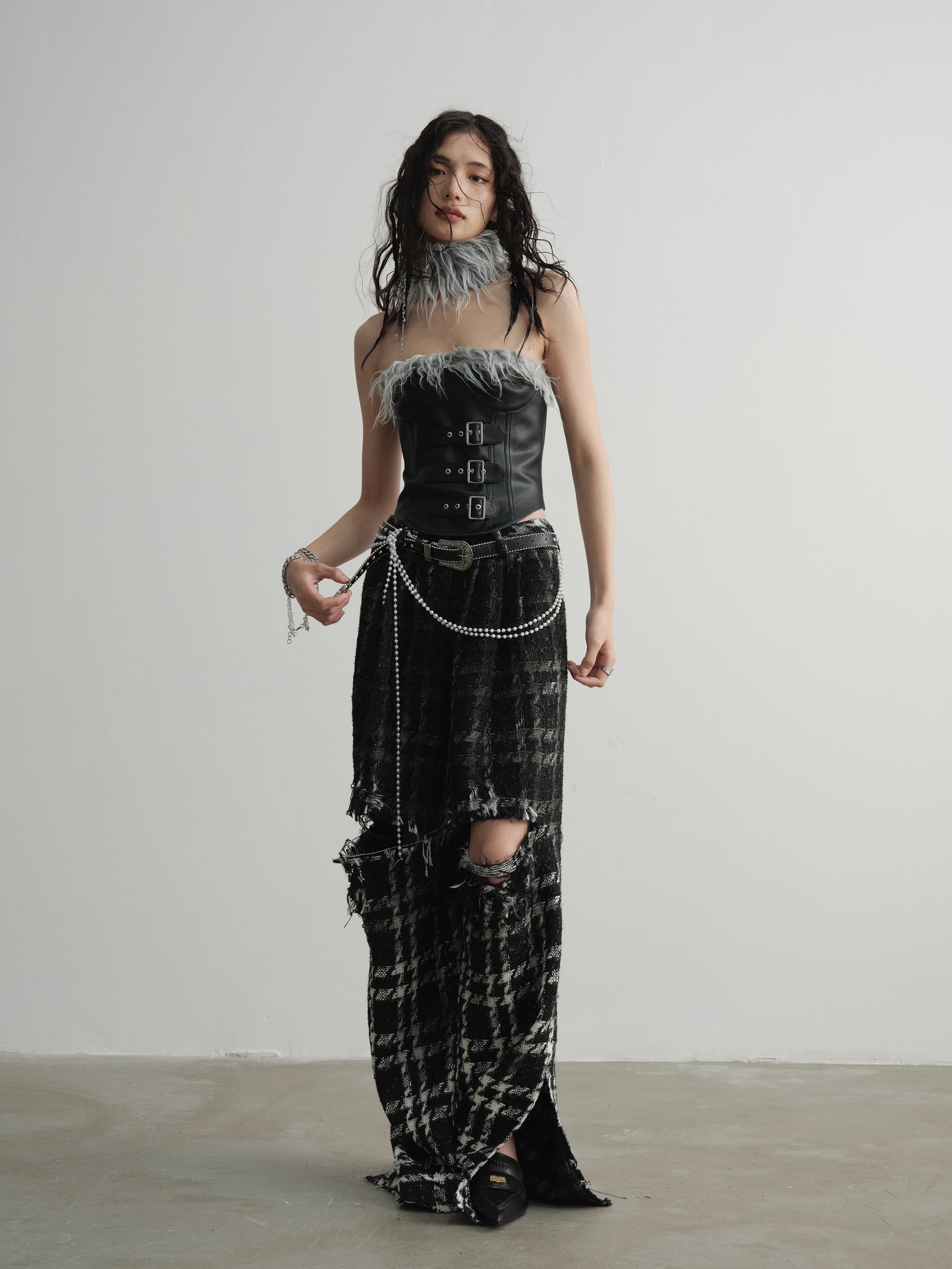 Punk Heavy Sense Raw Edge Gradient Wide Leg Plaid Trousers