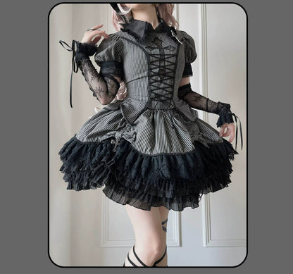Susin Lolita - Striped Cross - Gothic Coordinated Lolita Set, Adjustable Blouse & Skirt