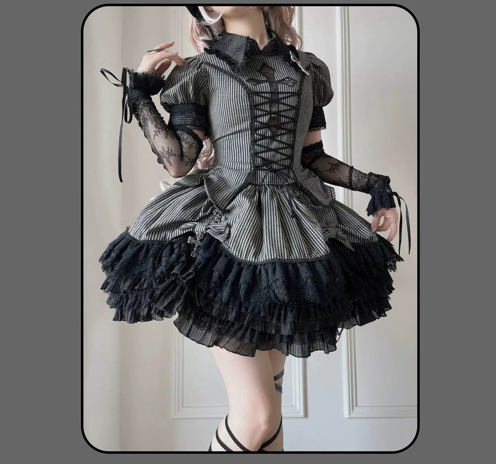 Susin Lolita - Striped Cross - Gothic Coordinated Lolita Set, Adjustable Blouse & Skirt