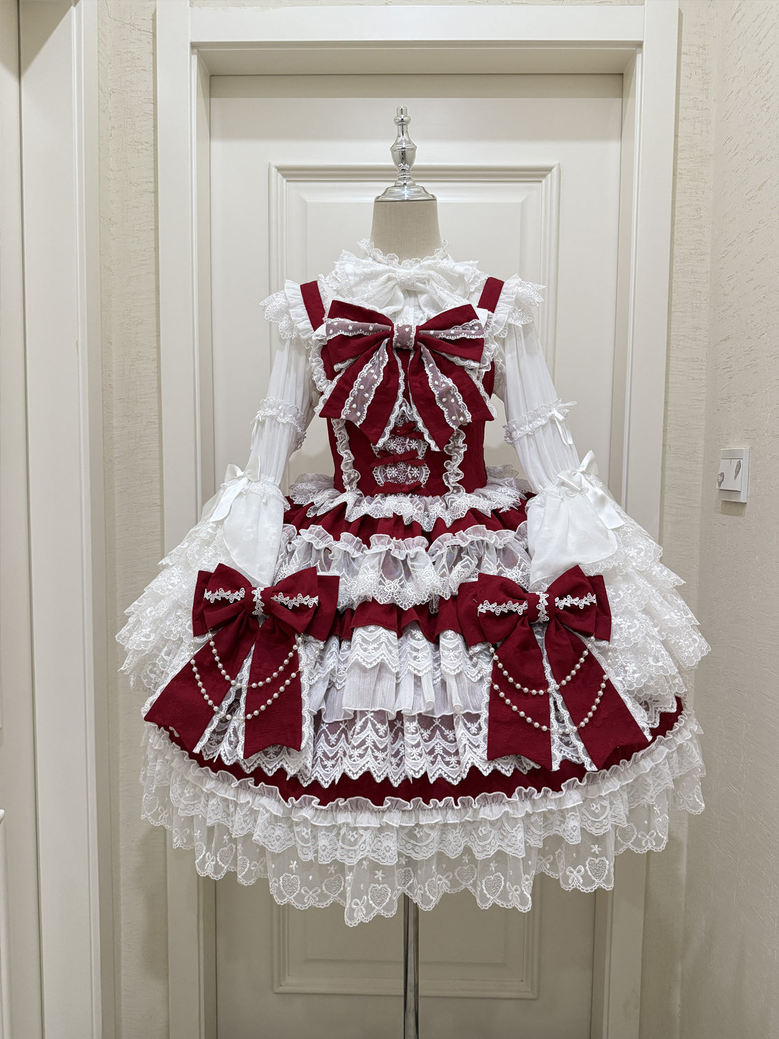 Hanguliang - Cross Heart Knot - Sweet Lolita JSK Suit Tiered Ruffles Dress with Lace Blouse
