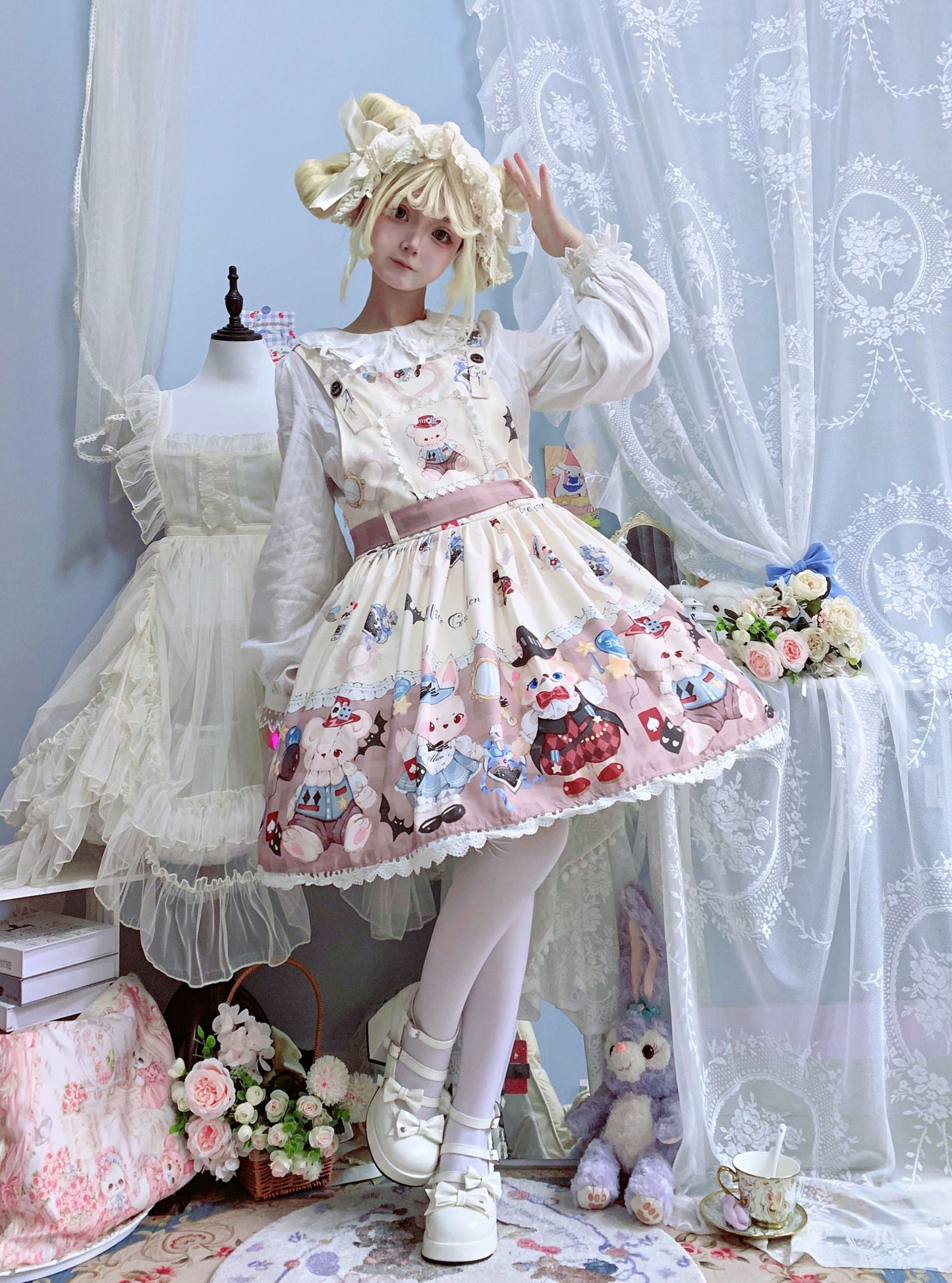 Night Never Sleeps - Bunny Meow Bear - Kawaii Lolita Salopette Bear Print Dress