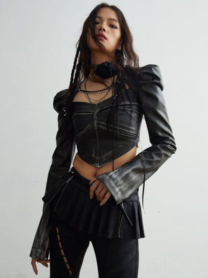 Chain Decorated Gradient Imitation Leather Short Jacket