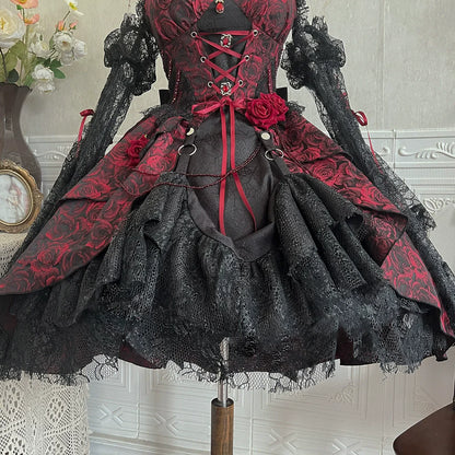 Cornfield Lolita - Rose Blood - Black Red Gothic Lolita JSK Jacquard Court Dress