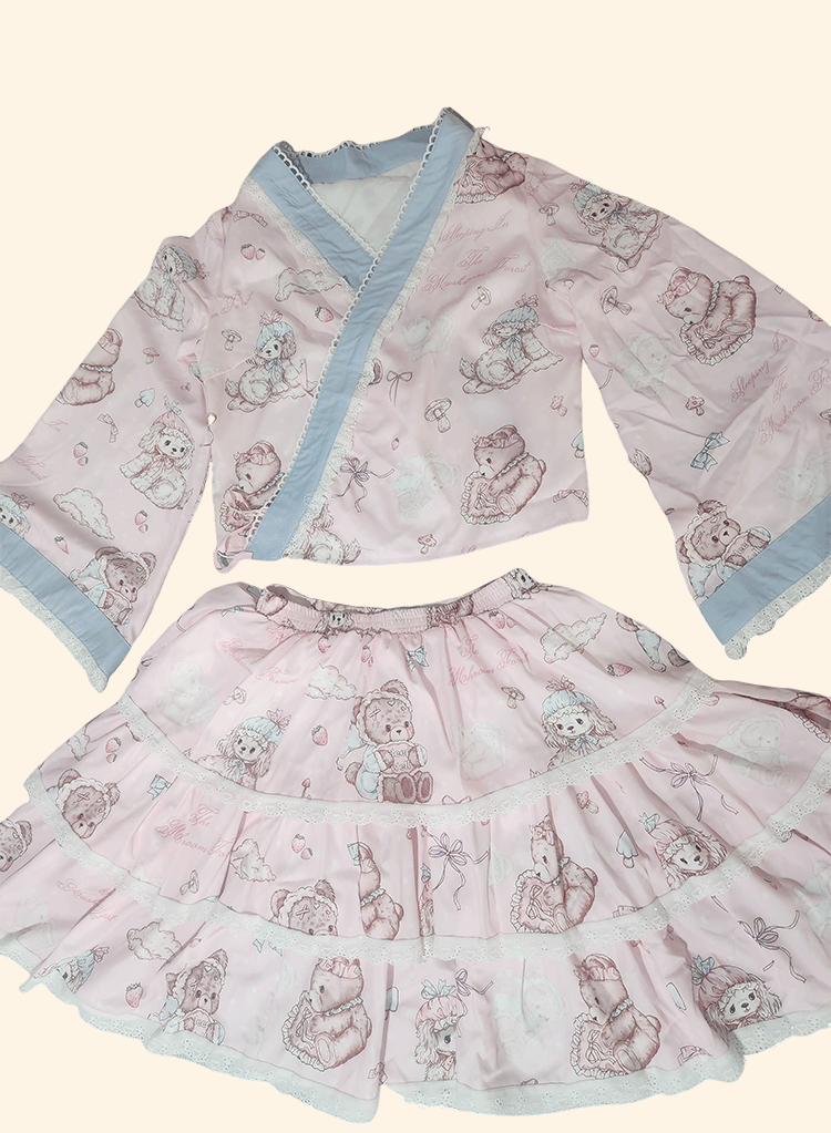 Niu Niu - Showa Moe Bear - Plus Size Wa Lolita Dress Set Kawaii Lolita SK Suit