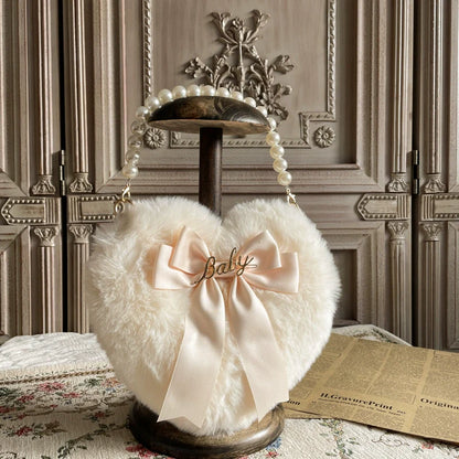 MAID - Kawaii Lolita Heart Bag Plush Pearl Chain Handbag