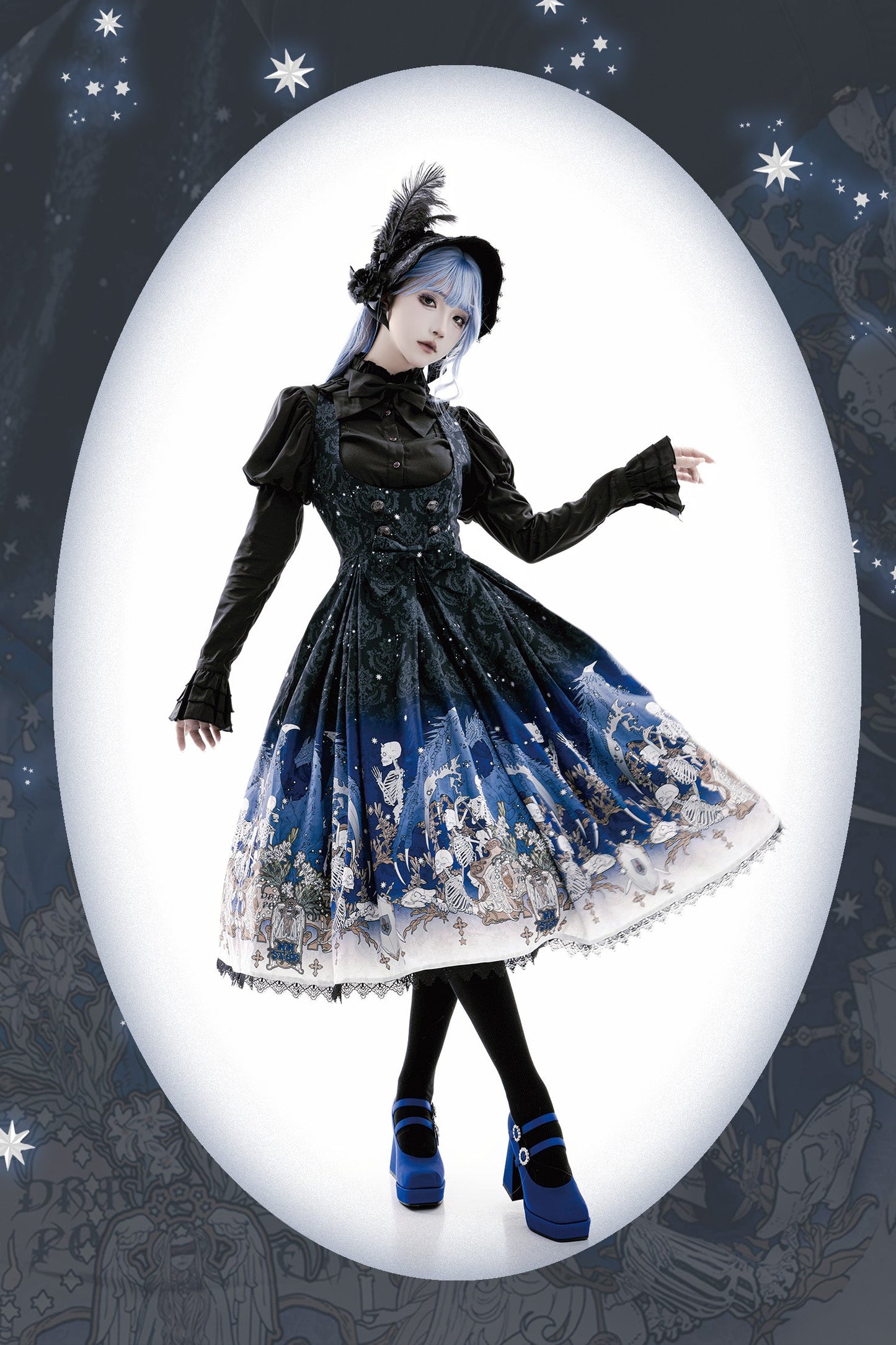 Nn Star - Dragonbone Lily - Dragon Skeleton Print Gothic Lolita Bust-supporting JSK and BNT