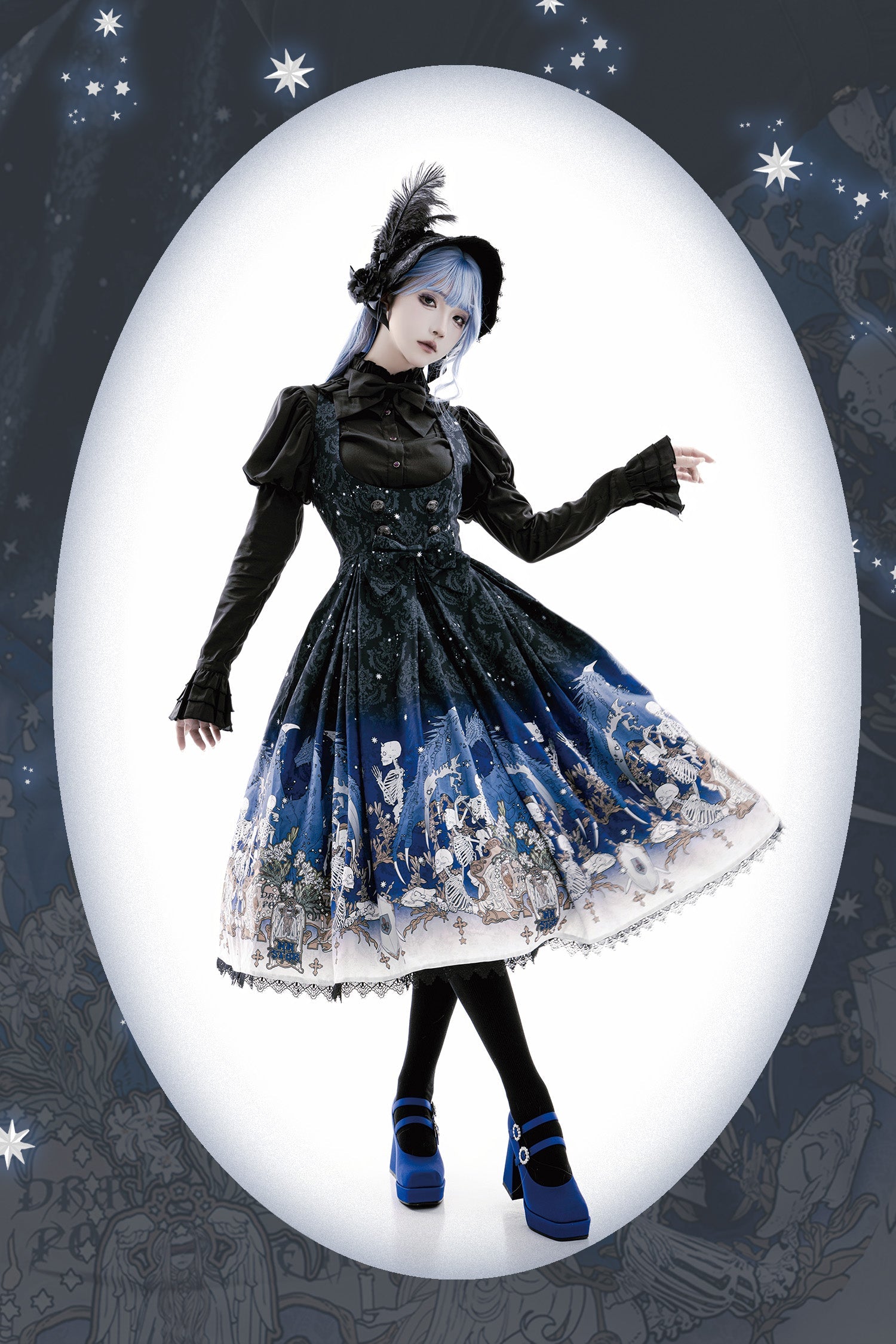 Nn Star - Dragonbone Lily - Dragon Skeleton Print Gothic Lolita Bust-supporting JSK and BNT