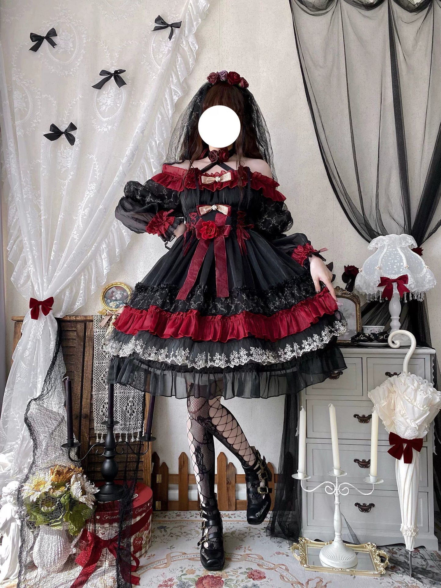 Uncle's Workshop - Night of Berea - Gothic Lolita OP Black and Red Lolita Dress