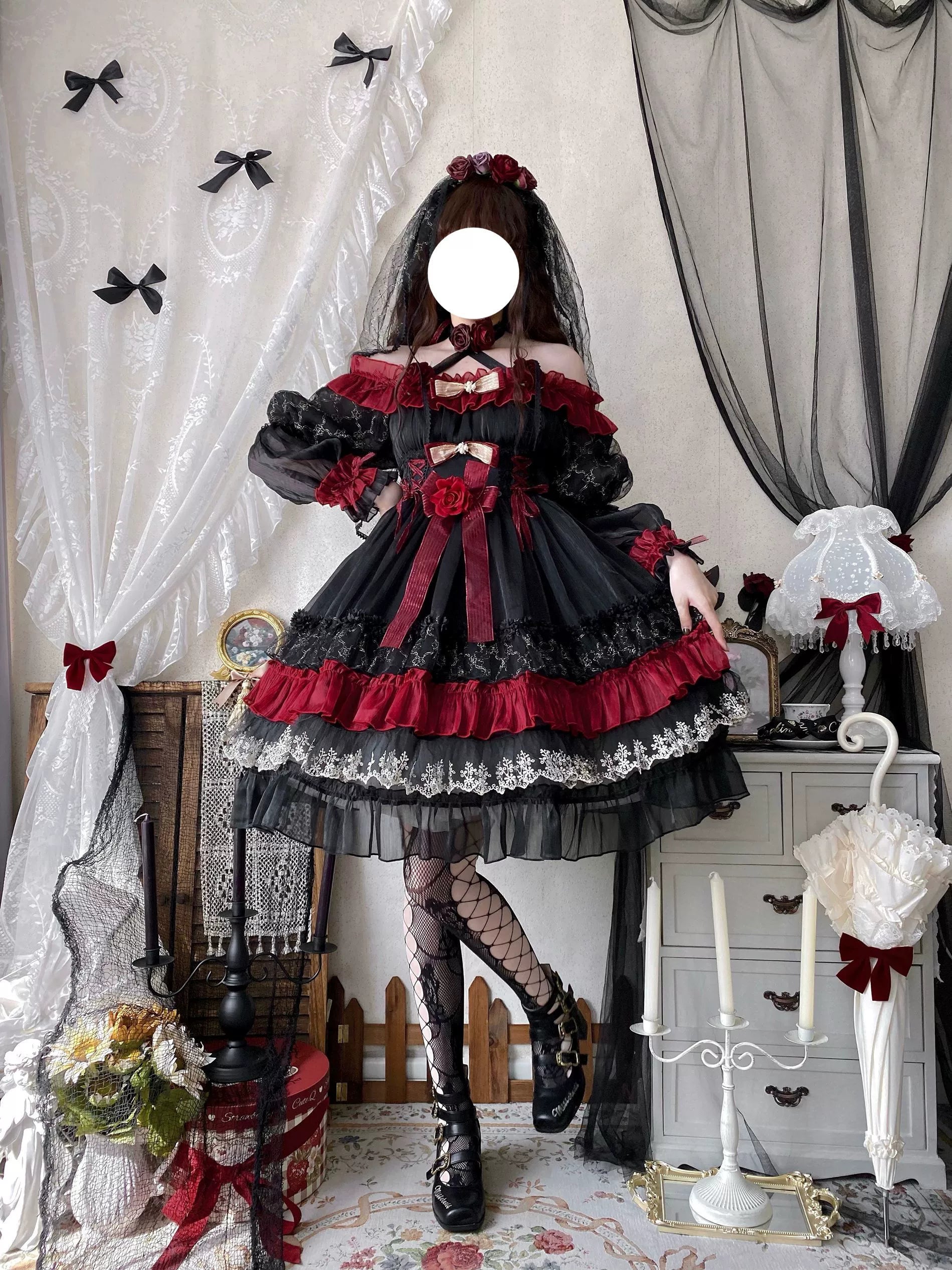 Uncle's Workshop - Night of Berea - Gothic Lolita OP Black and Red Lolita Dress
