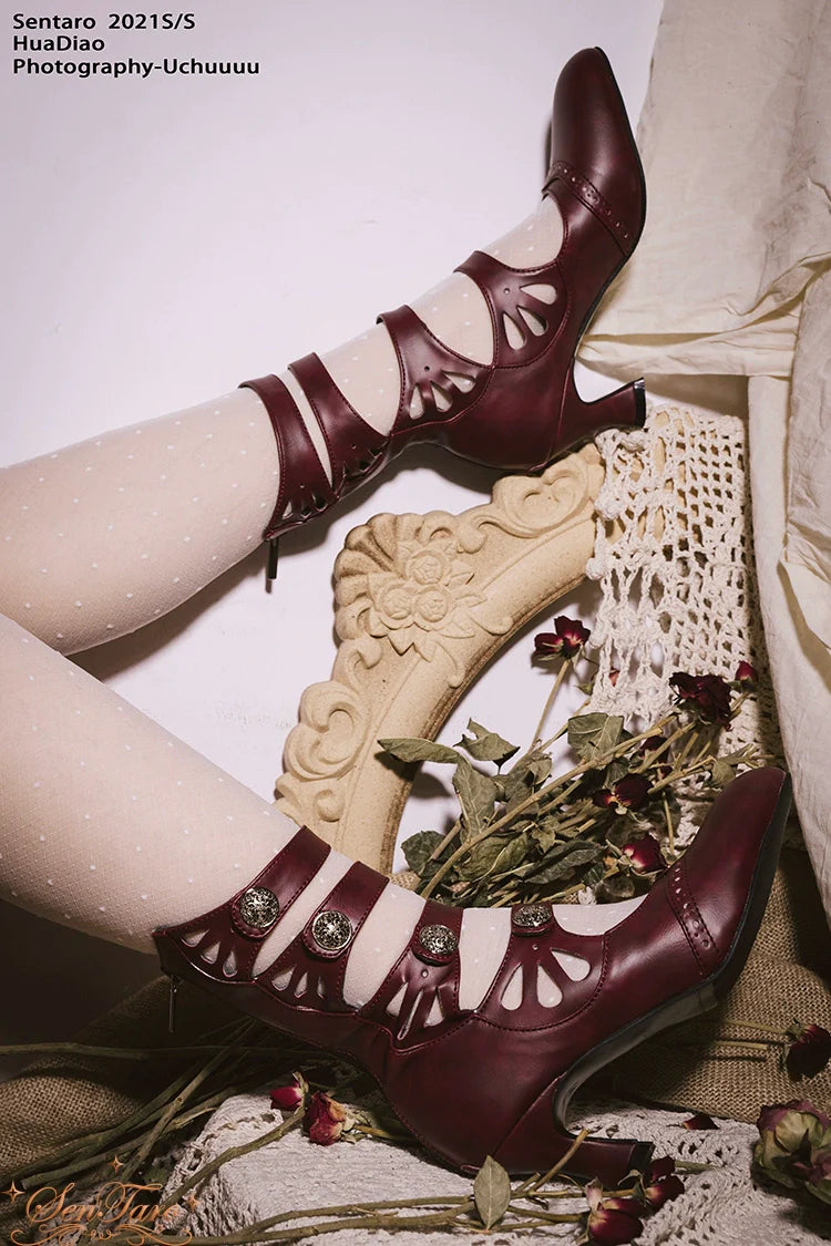 Sentaro - Floral Carved - Vintage Lolita Shoes Mary Jane Hollow-out Ankle Boots