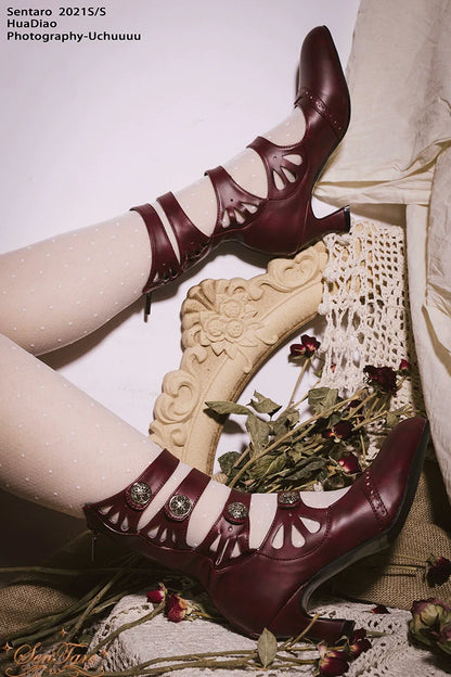 Sentaro - Floral Carved - Vintage Lolita Shoes Mary Jane Hollow-out Ankle Boots