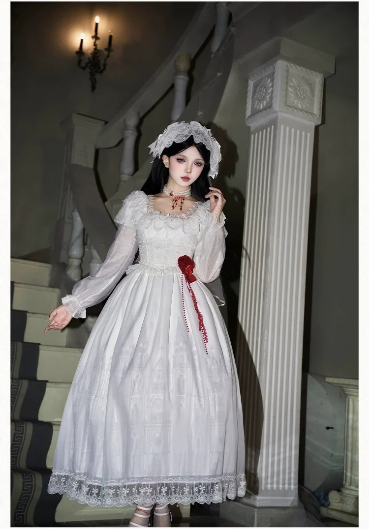With PUJI - Dawn's Last Light - Castle Printed White Gothic Lolita OP, Two Length Styles